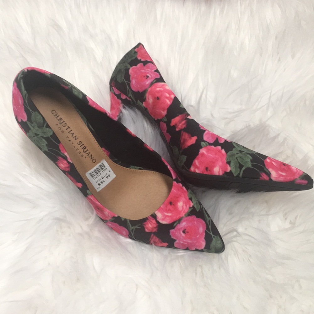 Black and hot pink floral heels